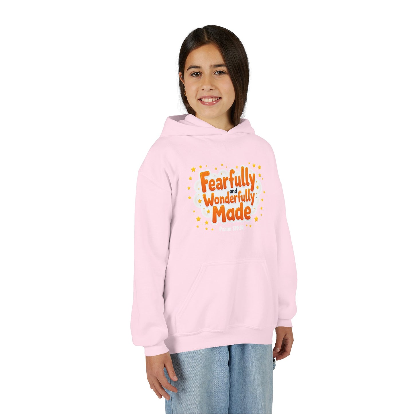 Youth Hoodie — "Fearfully & Wonderfully Made" Christian Kids Sweatshirt (Psalm 139:14)