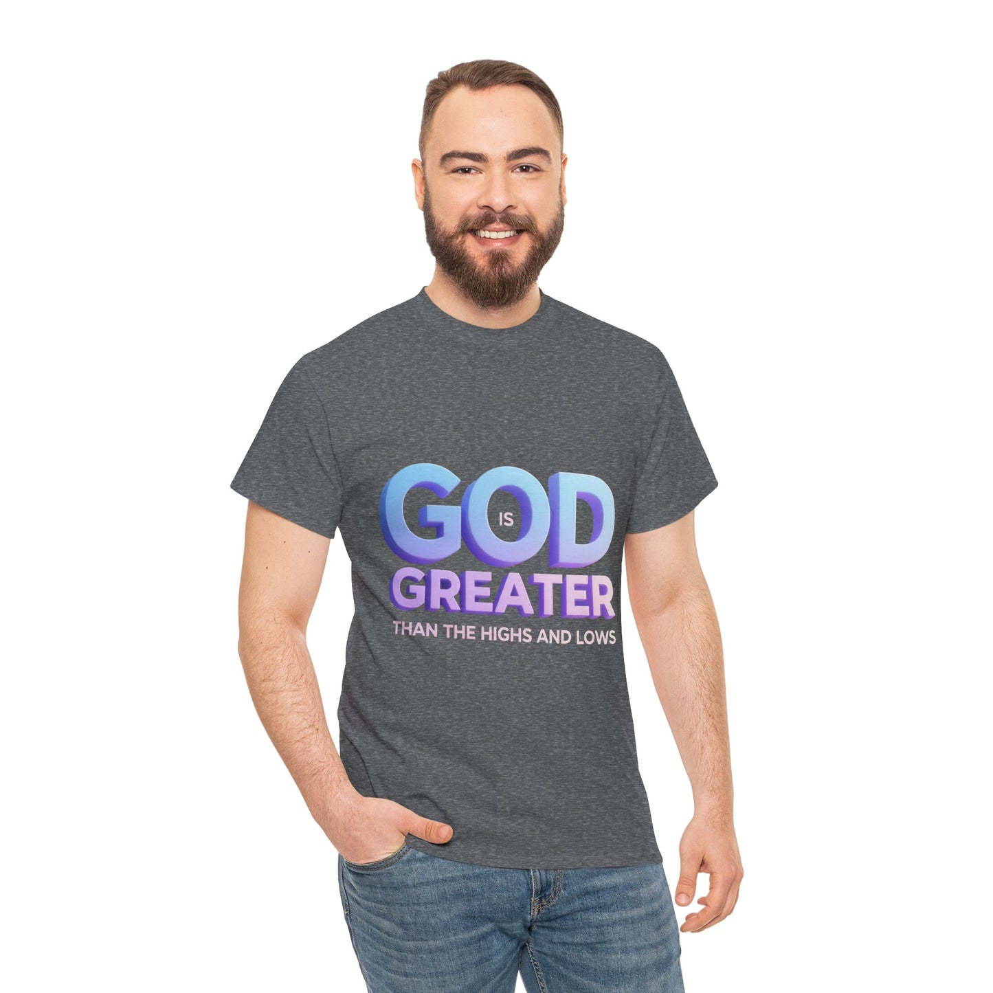 God Greater Gradient Tee — Soft Blue & Lilac Faith Shirt
