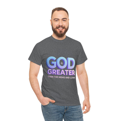 God Greater Gradient Tee — Soft Blue & Lilac Faith Shirt