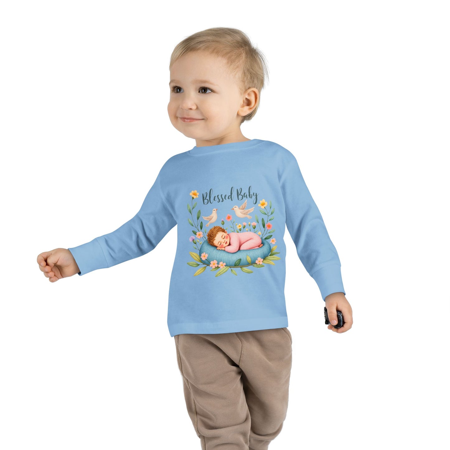 Blessed Baby Toddler Long Sleeve Tee — Cute Sleeping Newborn Floral Design