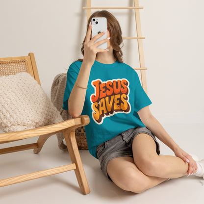 Jesus Saves Retro Tee — Bright Sunset Faith T-Shirt