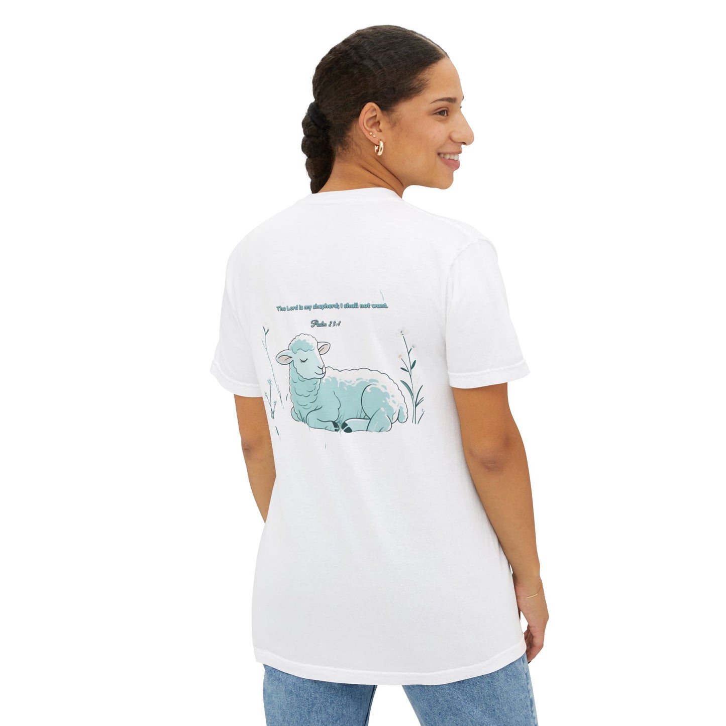 Lamb Rest Pocket T‑Shirt — Vintage Seafoam Pocket Tee with Script Verse