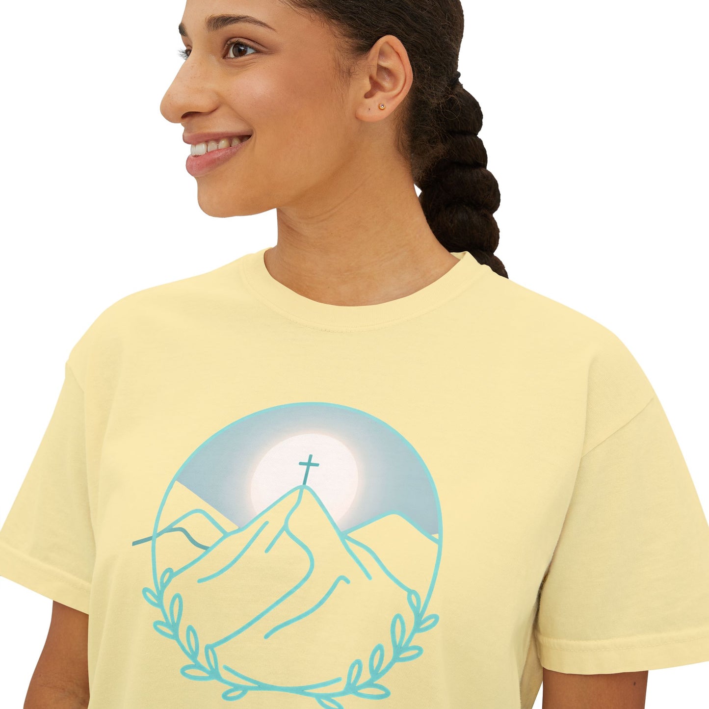 Women's Boxy Tee — Sunrise Mountain Line Art with Laurel (Calm, Faith-Inspired Vintage Tee)