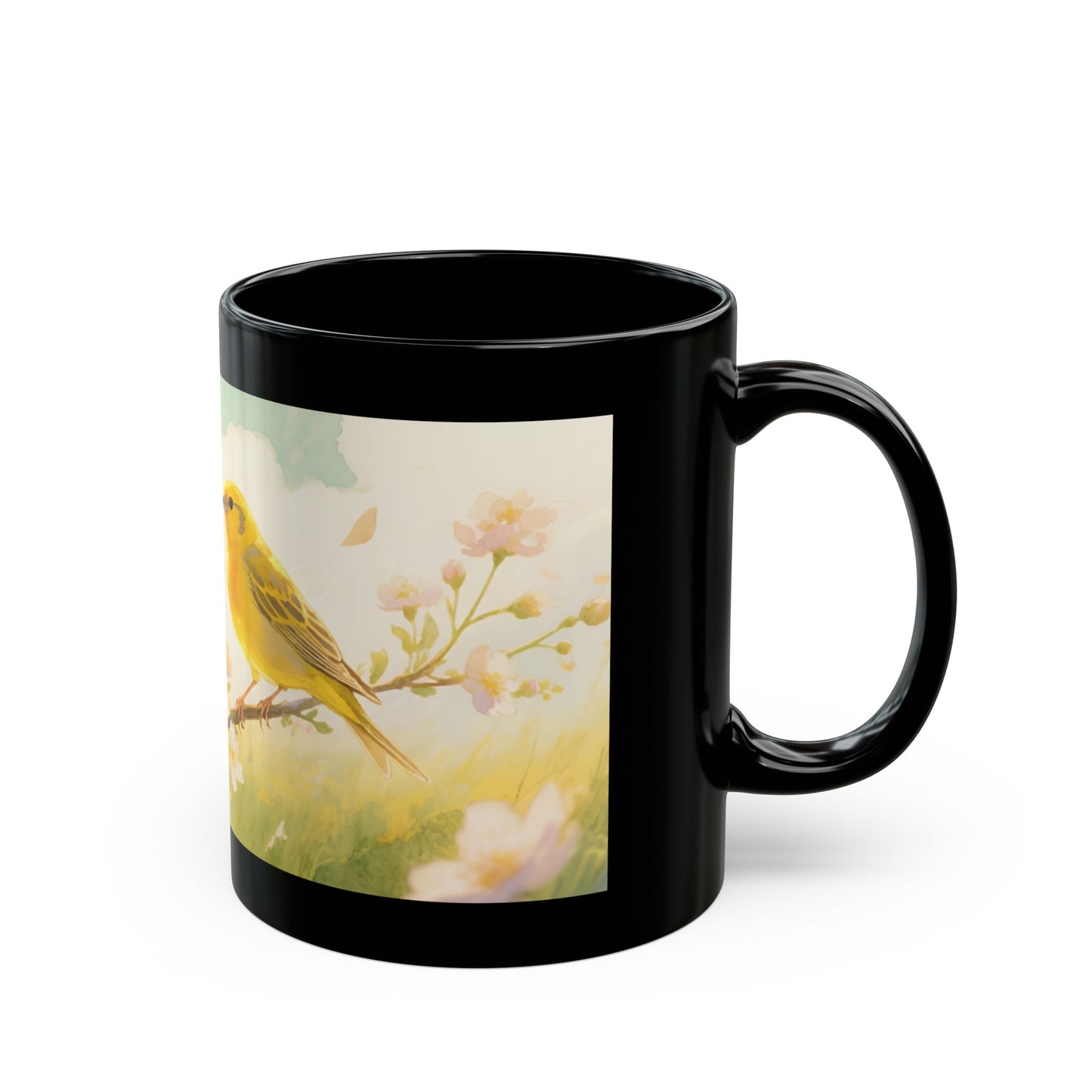 Yellow Songbird on Branch Mug | Black Coffee Cup with Floral Illustration