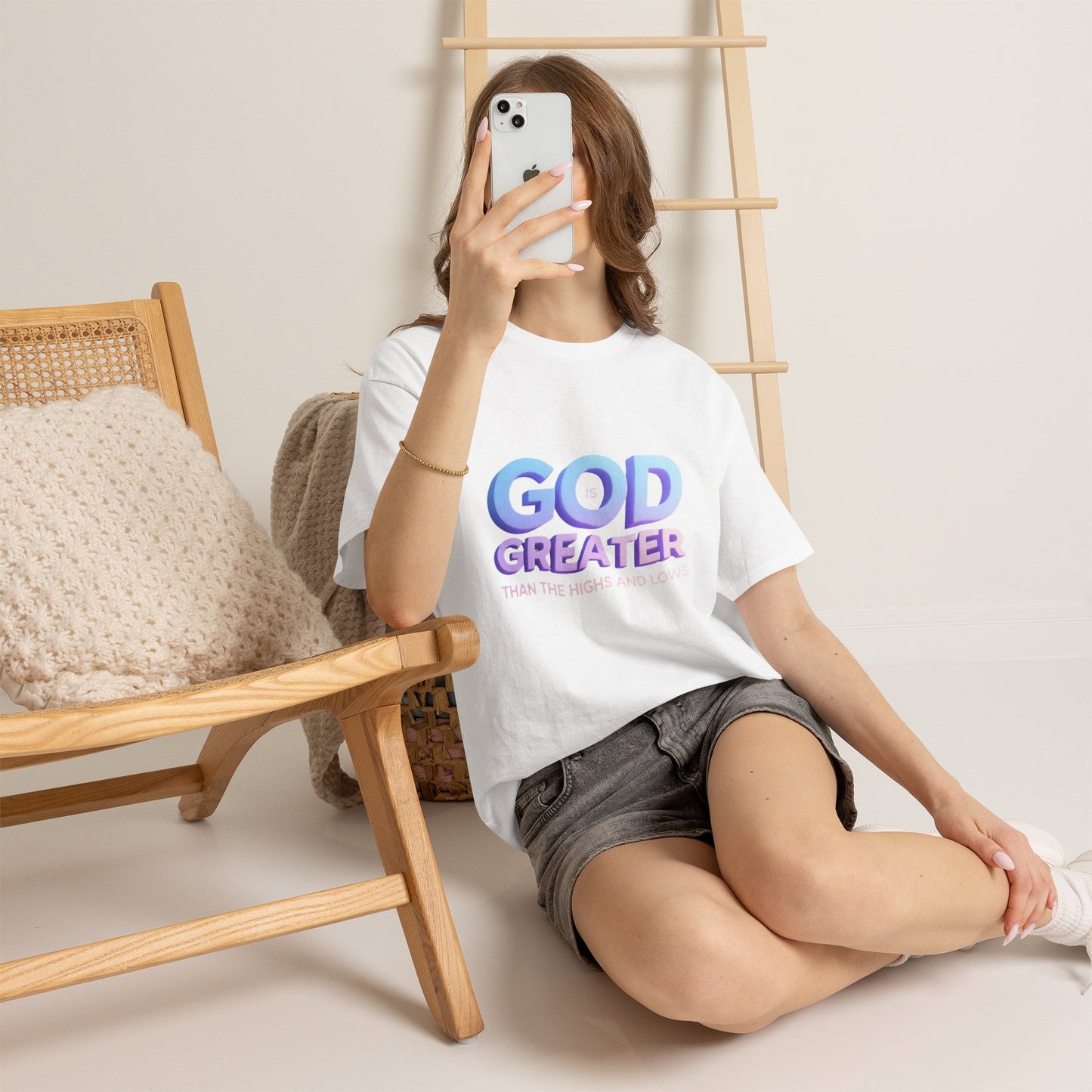 God Greater Gradient Tee — Soft Blue & Lilac Faith Shirt
