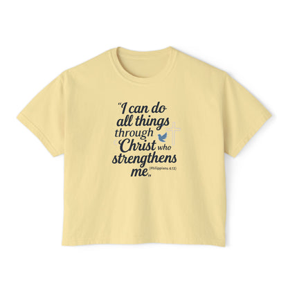 Christian Graphic Boxy Tee — "I Can Do All Things Through Christ" Inspirational Women’s T‑Shirt