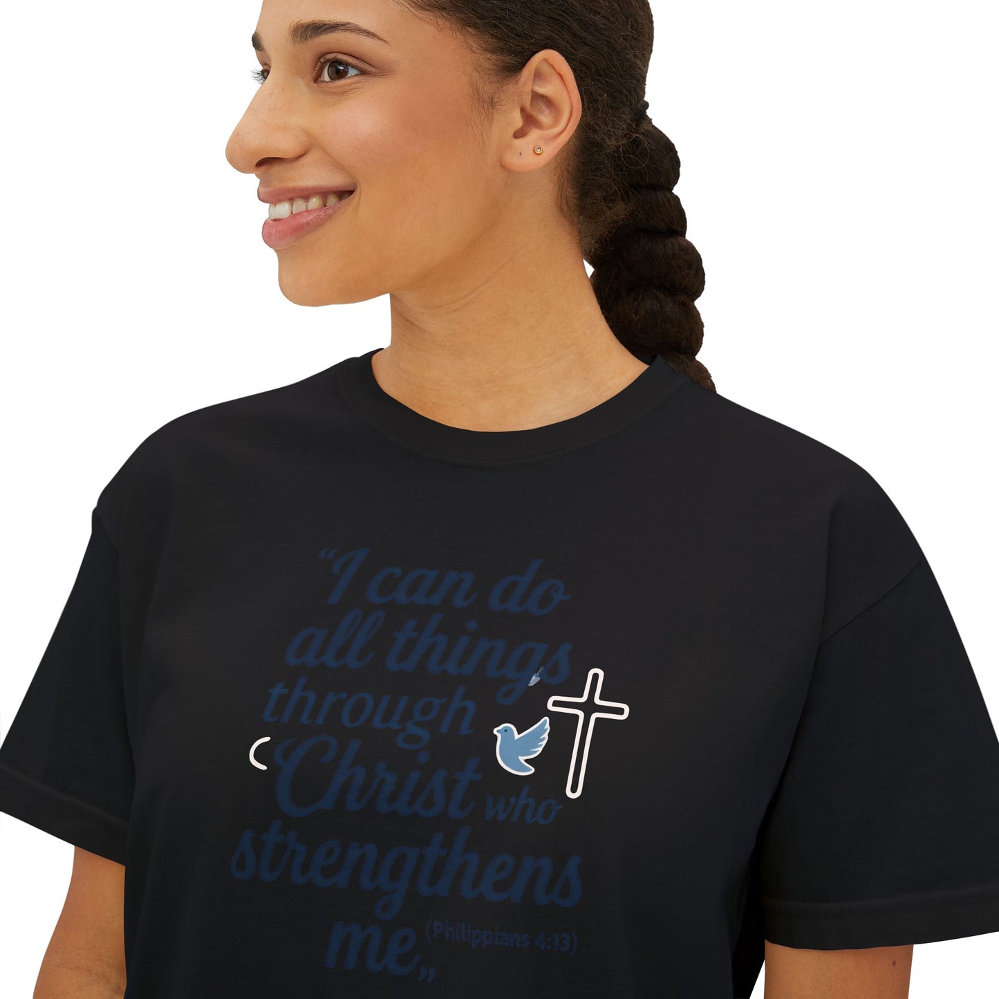 Christian Graphic Boxy Tee — "I Can Do All Things Through Christ" Inspirational Women’s T‑Shirt