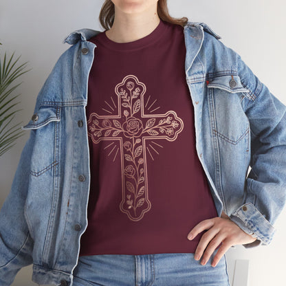 Floral Cross Tee – Delicate Pink Botanical Christian T-Shirt