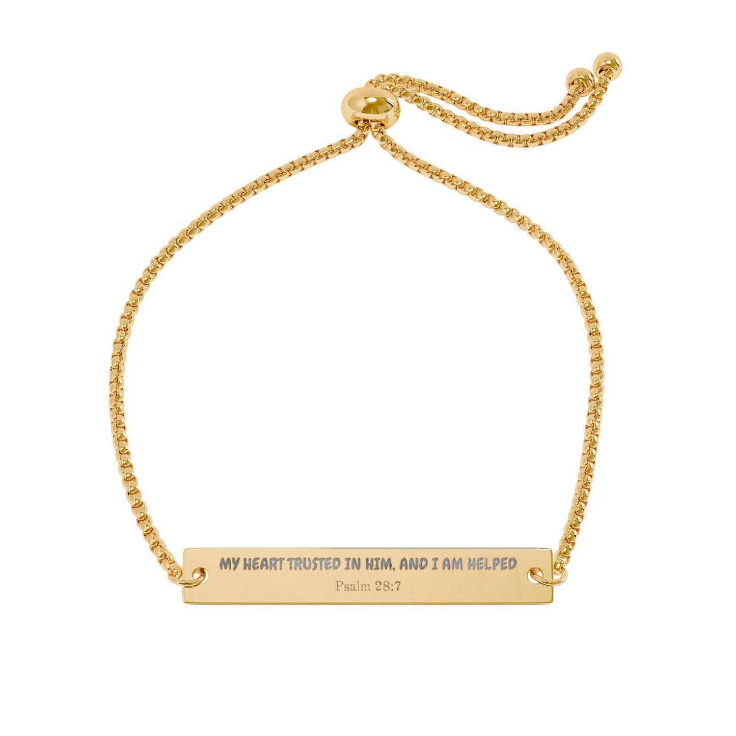 Psalm 28:7 My Heart Trusted In Him Engraved Bar Bracelet – Adjustable Gold & Rose Gold Nameplate