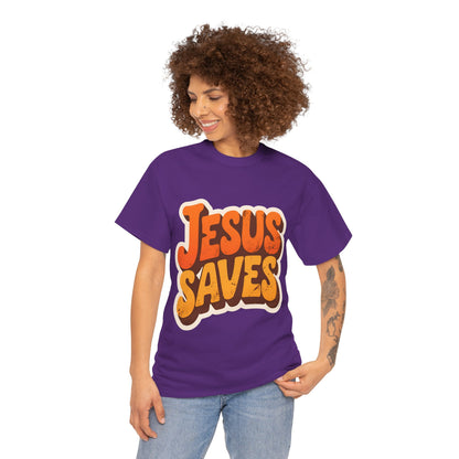 Jesus Saves Retro Tee — Bright Sunset Faith T-Shirt