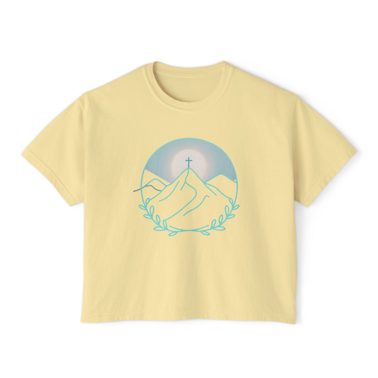 Women's Boxy Tee — Sunrise Mountain Line Art with Laurel (Calm, Faith-Inspired Vintage Tee)