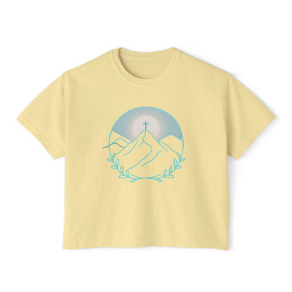 Women's Boxy Tee — Sunrise Mountain Line Art with Laurel (Calm, Faith-Inspired Vintage Tee)