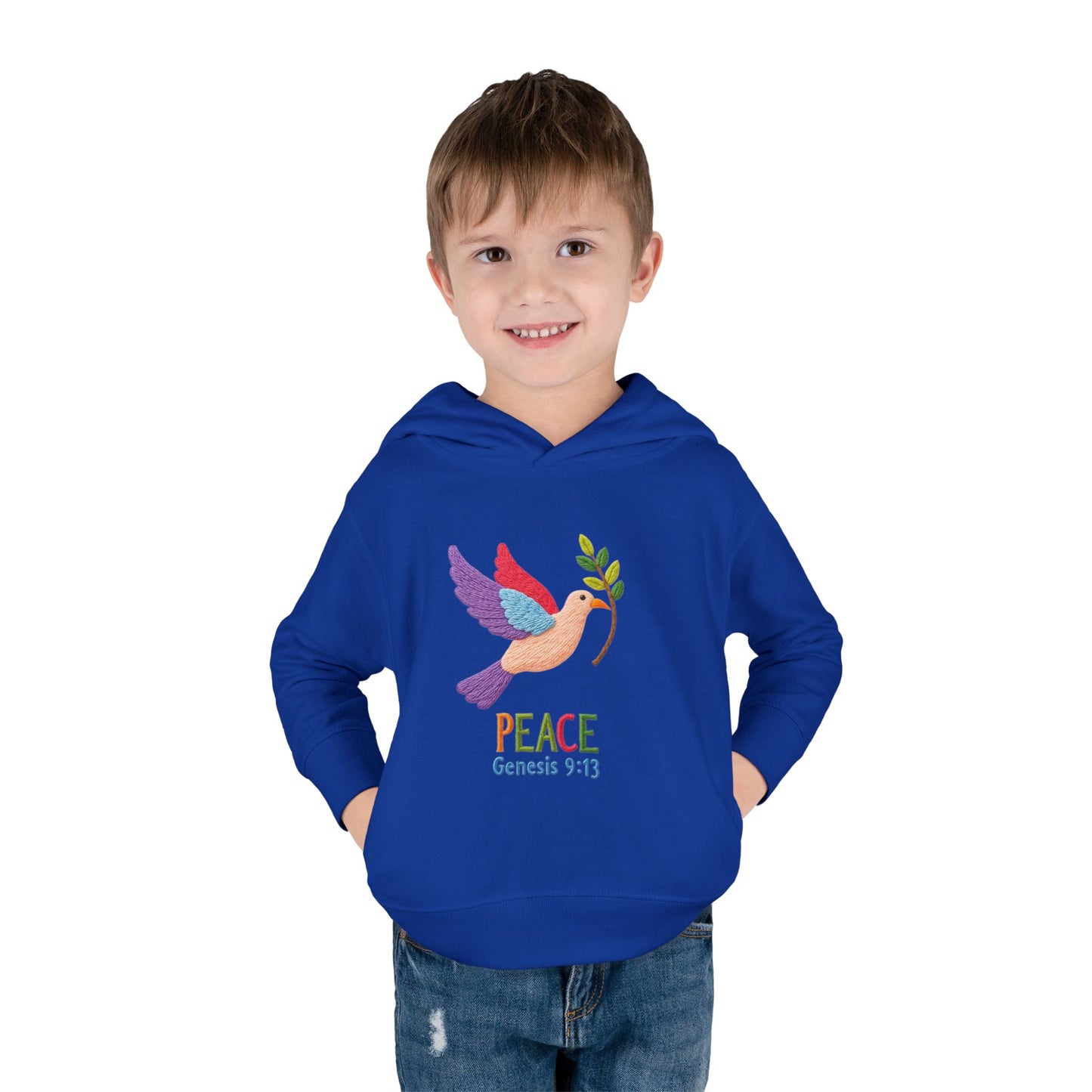 Toddler Hoodie — Colorful Peace Dove with Olive Branch & “PEACE Genesis 9:13”