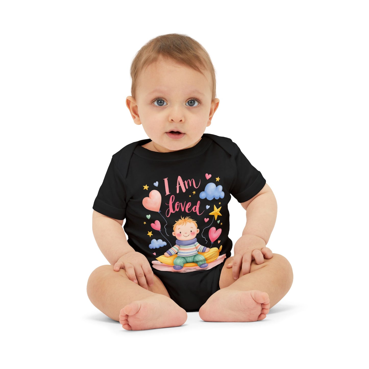 “I Am Loved” Baby Onesie – Cute Infant Bodysuit with Heart & Cloud Illustration