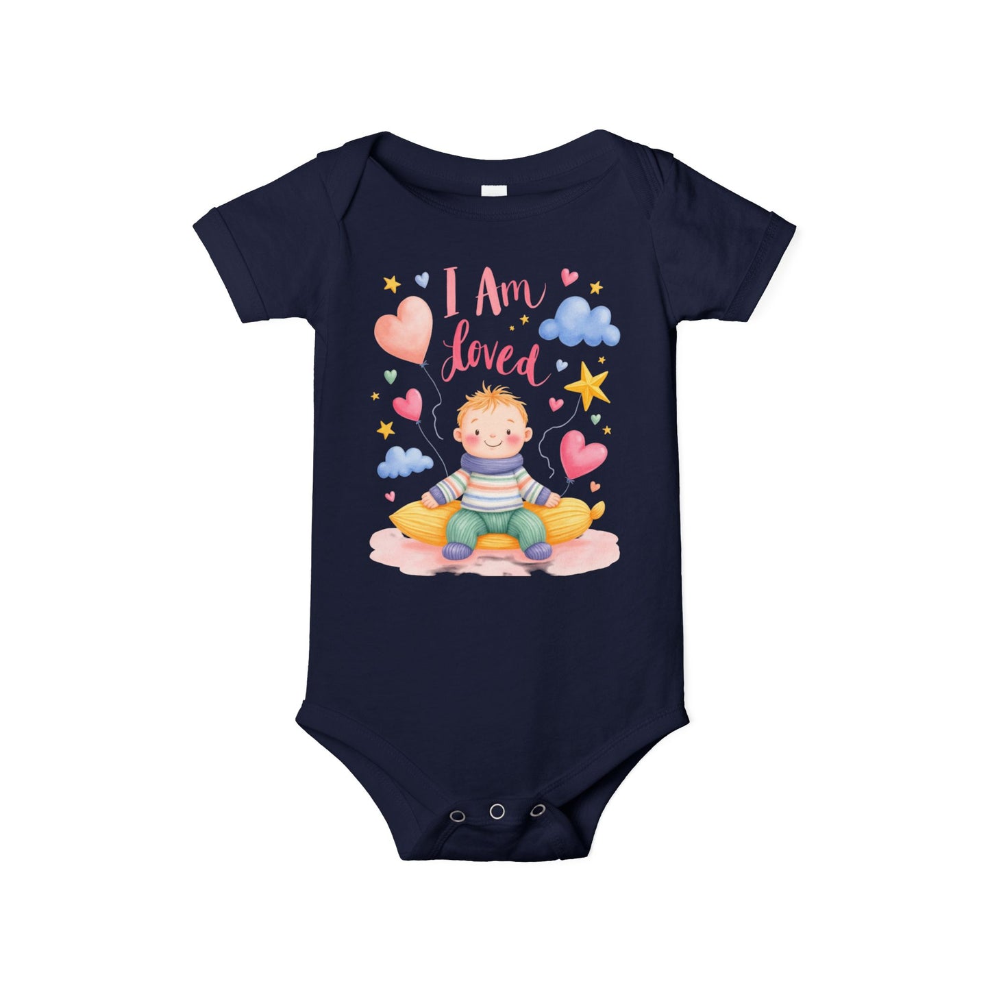 “I Am Loved” Baby Onesie – Cute Infant Bodysuit with Heart & Cloud Illustration
