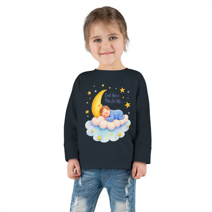 God Has a Plan for Me Toddler Long Sleeve Tee — Sleeping Baby on Moon Cloud