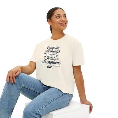 Christian Graphic Boxy Tee — "I Can Do All Things Through Christ" Inspirational Women’s T‑Shirt
