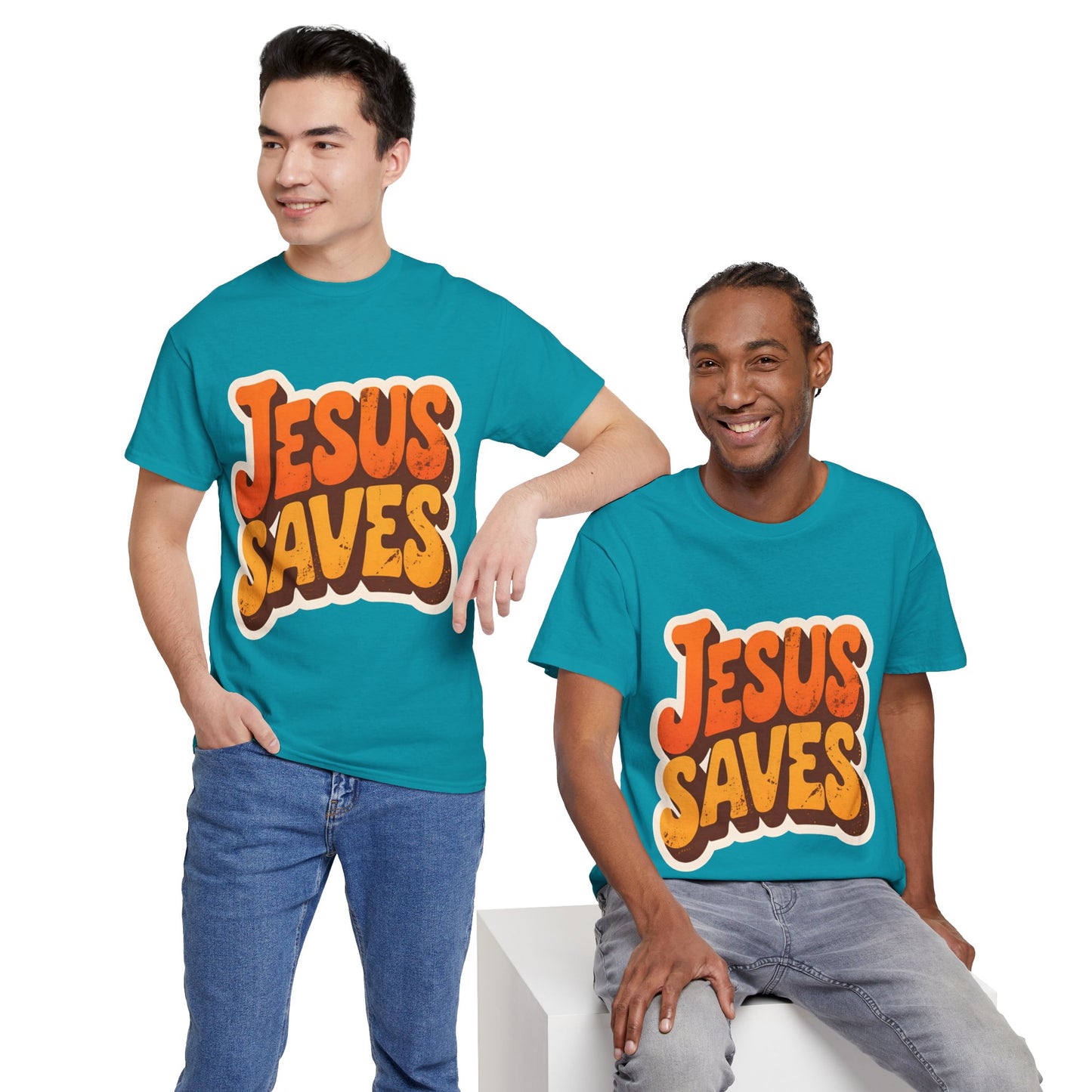 Jesus Saves Retro Tee — Bright Sunset Faith T-Shirt