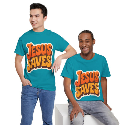 Jesus Saves Retro Tee — Bright Sunset Faith T-Shirt