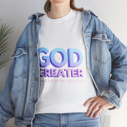 God Greater Gradient Tee — Soft Blue & Lilac Faith Shirt