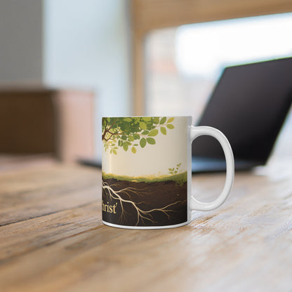 Rooted in Christ Mug — Christian Coffee Mug with Tree and Colossians 2:7 Scripture