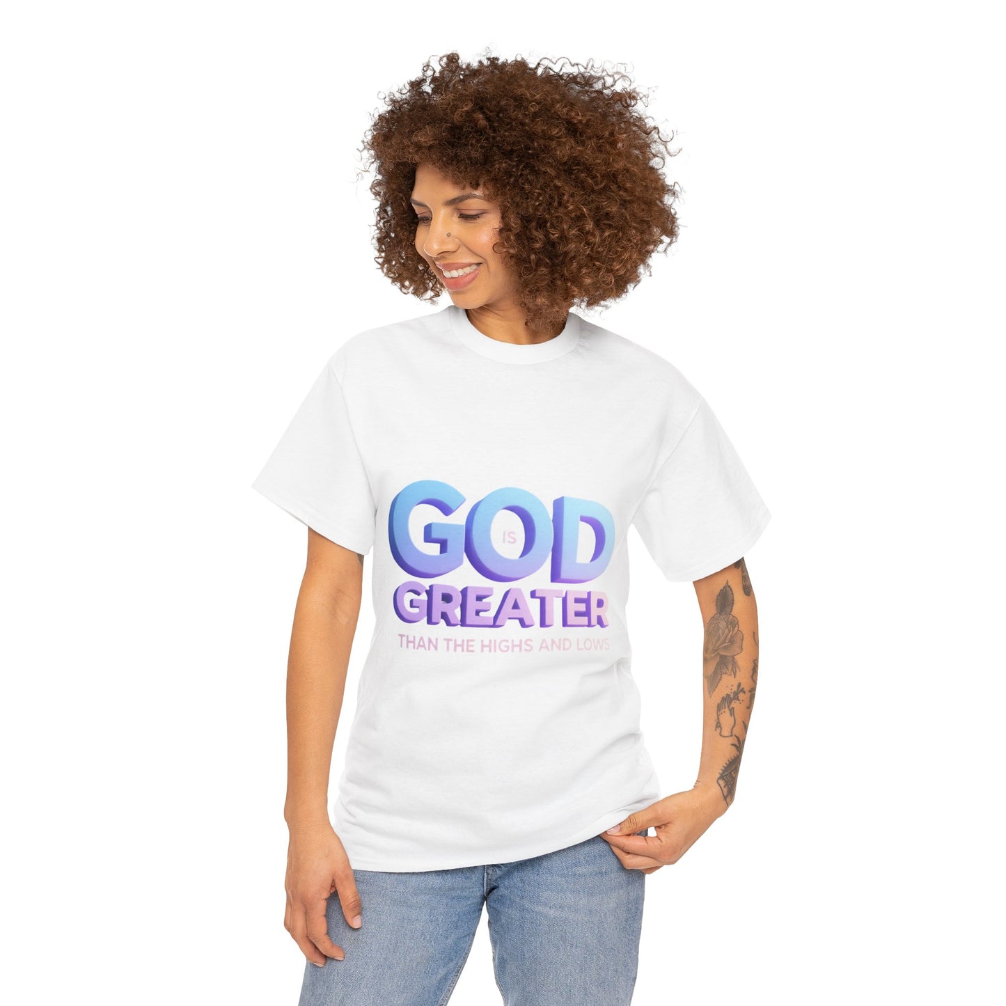 God Greater Gradient Tee — Soft Blue & Lilac Faith Shirt