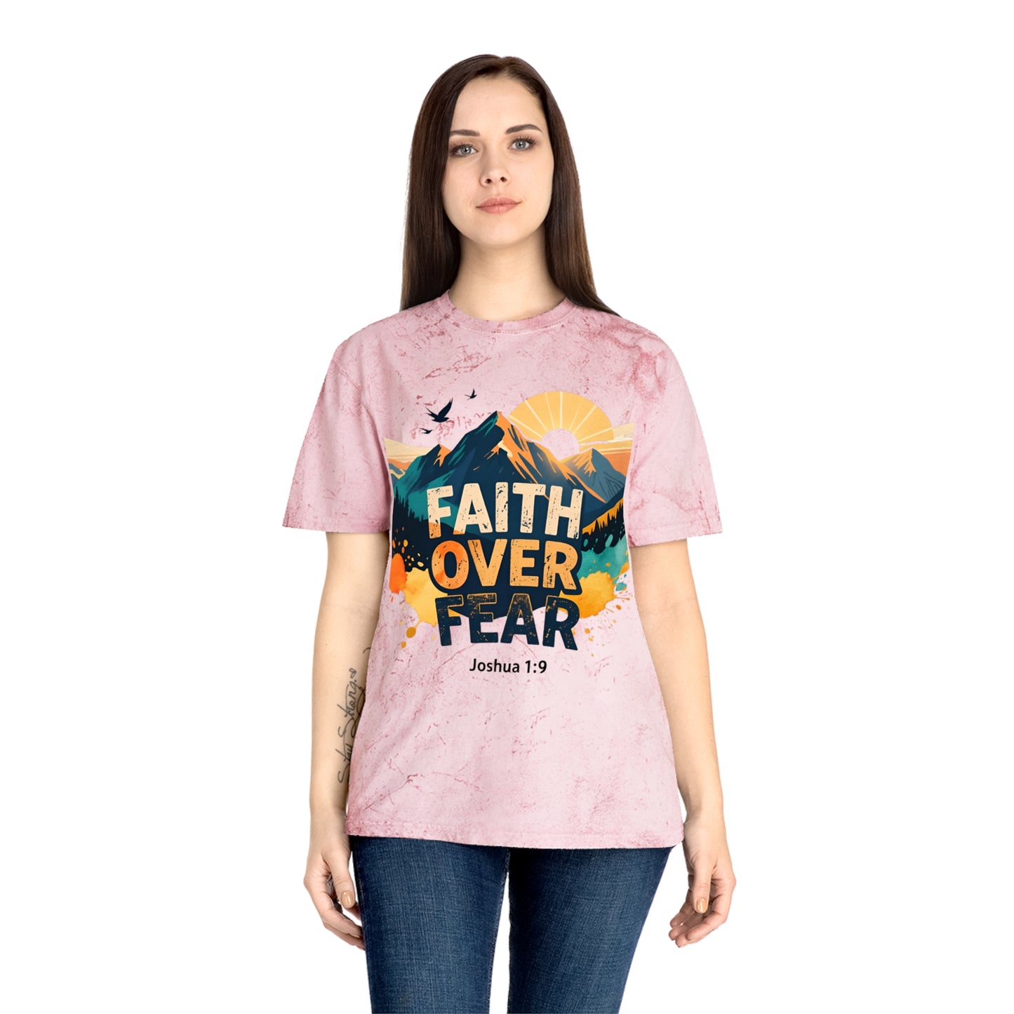 Faith Over Fear Color-Blast T-Shirt — Joshua 1:9 Retro Sunrise