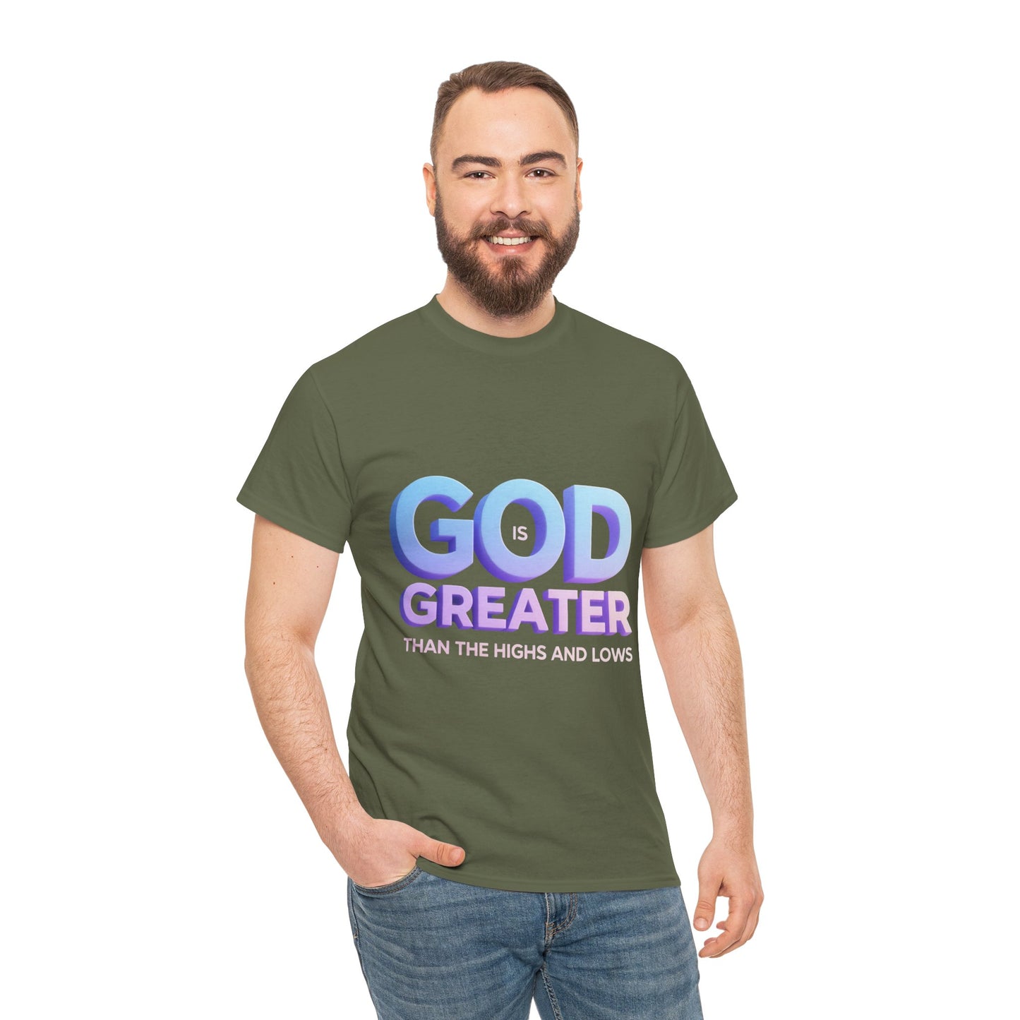 God Greater Gradient Tee — Soft Blue & Lilac Faith Shirt