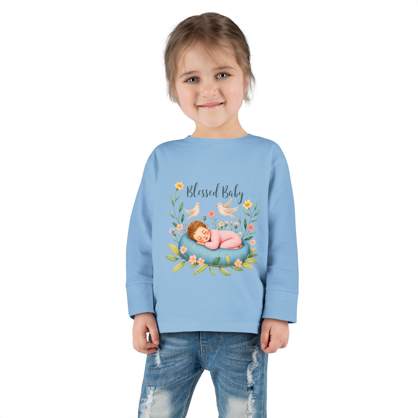 Blessed Baby Toddler Long Sleeve Tee — Cute Sleeping Newborn Floral Design