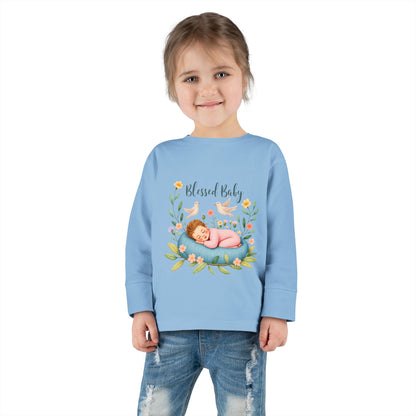 Blessed Baby Toddler Long Sleeve Tee — Cute Sleeping Newborn Floral Design