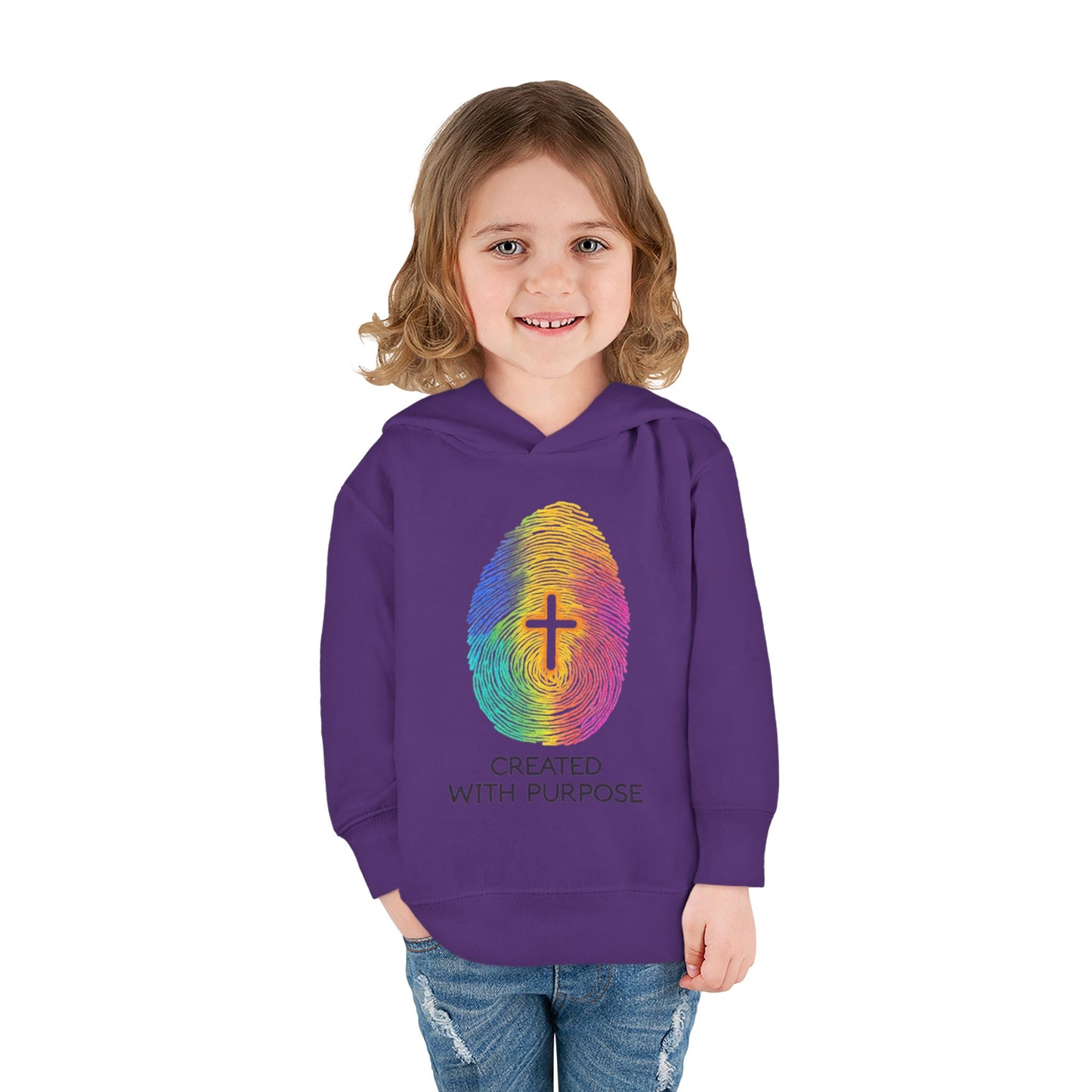 Toddler Hoodie — "Created With Purpose" Rainbow Fingerprint Cross