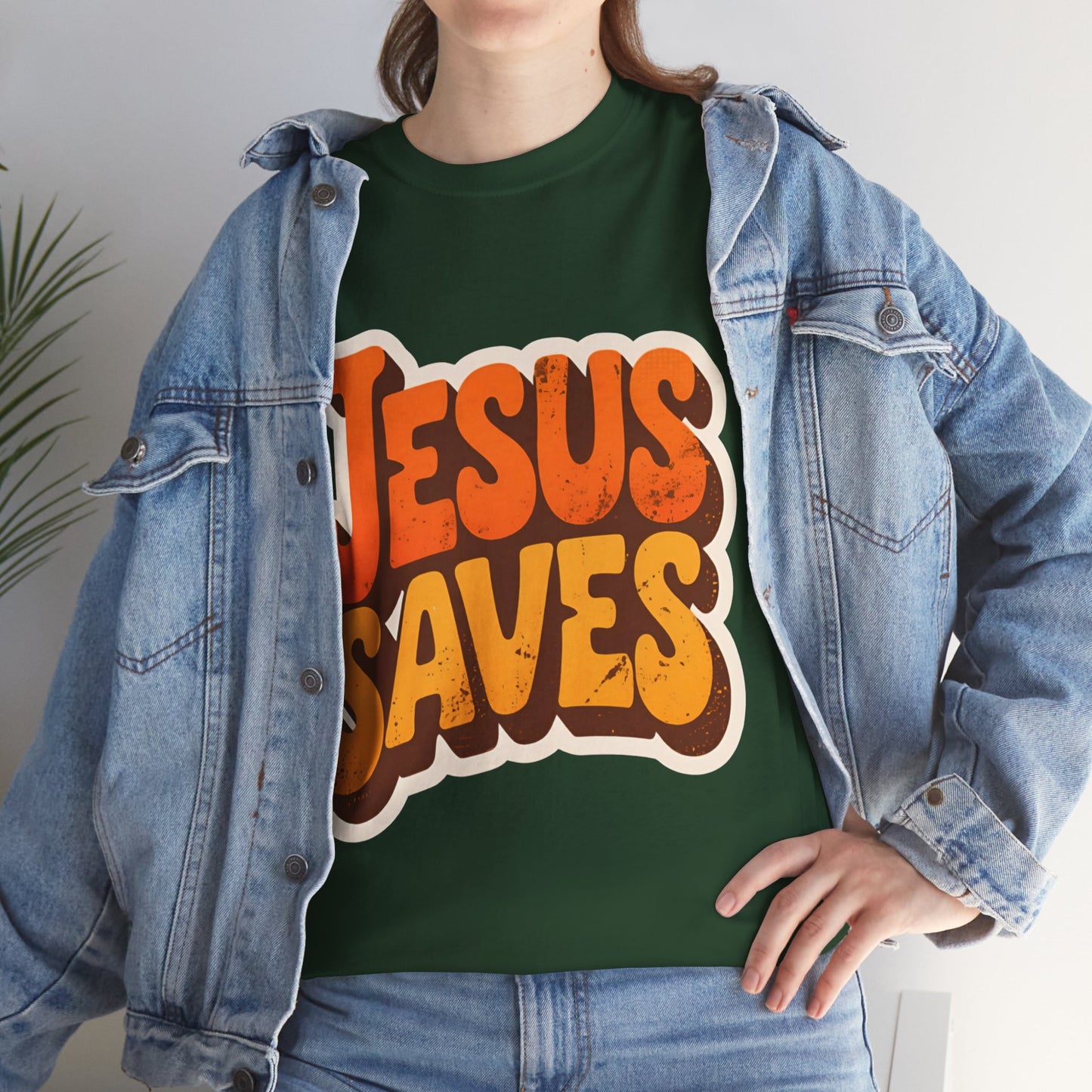 Jesus Saves Retro Tee — Bright Sunset Faith T-Shirt