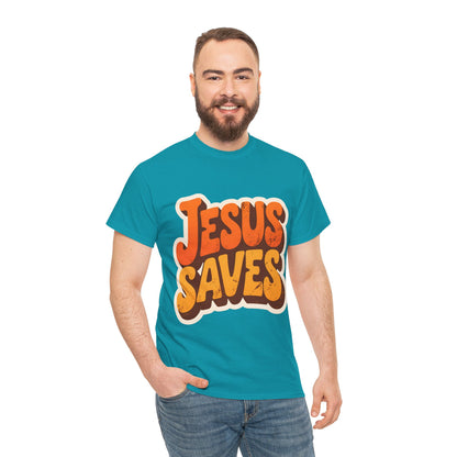 Jesus Saves Retro Tee — Bright Sunset Faith T-Shirt