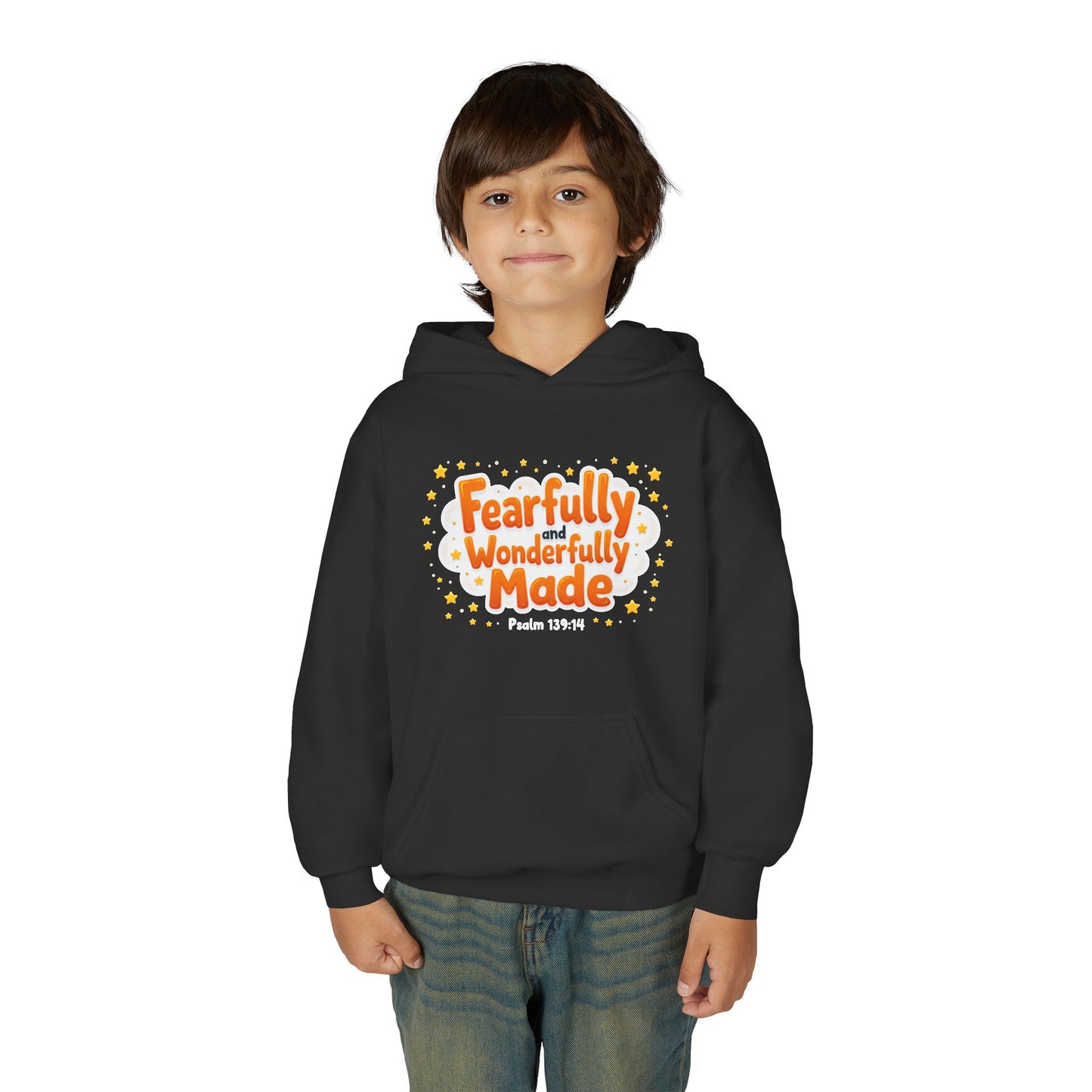 Youth Hoodie — "Fearfully & Wonderfully Made" Christian Kids Sweatshirt (Psalm 139:14)