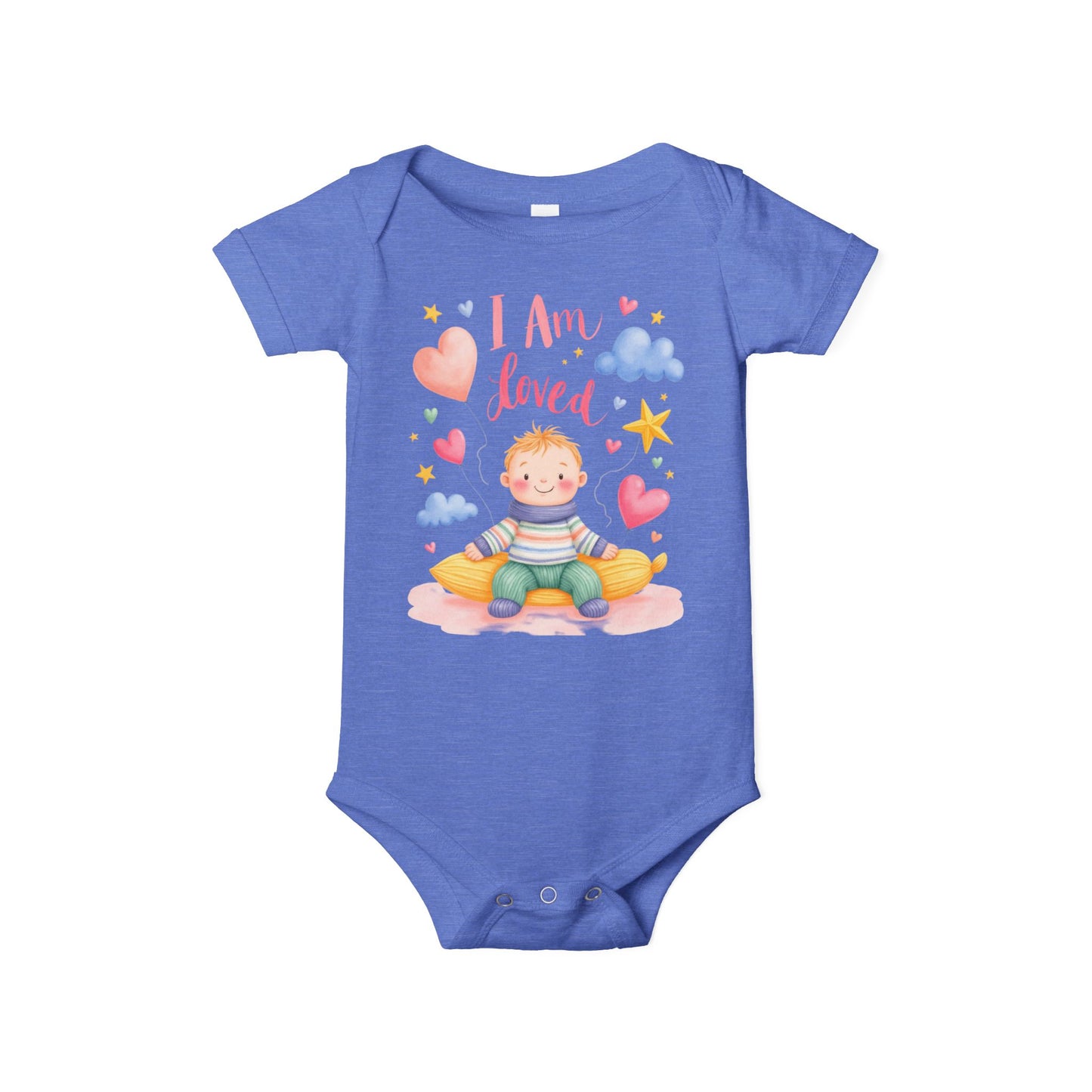“I Am Loved” Baby Onesie – Cute Infant Bodysuit with Heart & Cloud Illustration