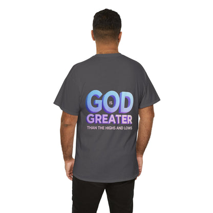 God Greater Gradient Tee — Soft Blue & Lilac Faith Shirt