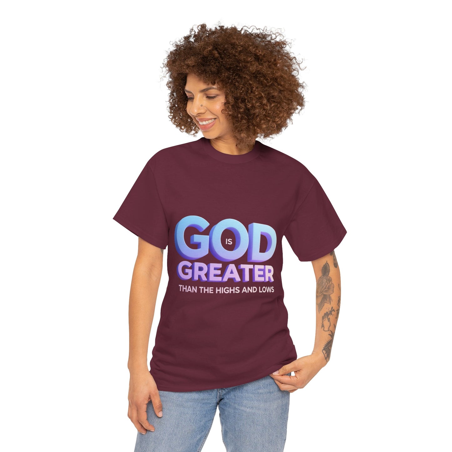 God Greater Gradient Tee — Soft Blue & Lilac Faith Shirt