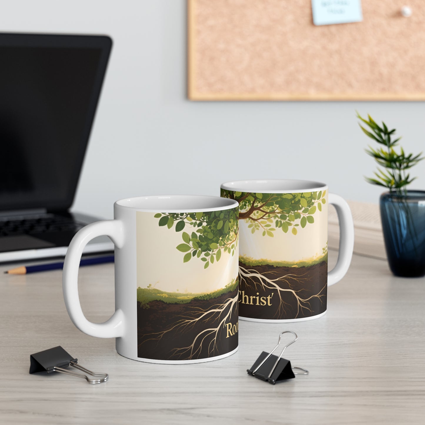 Rooted in Christ Mug — Christian Coffee Mug with Tree and Colossians 2:7 Scripture
