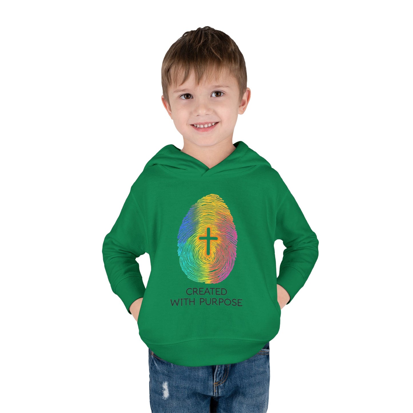Toddler Hoodie — "Created With Purpose" Rainbow Fingerprint Cross
