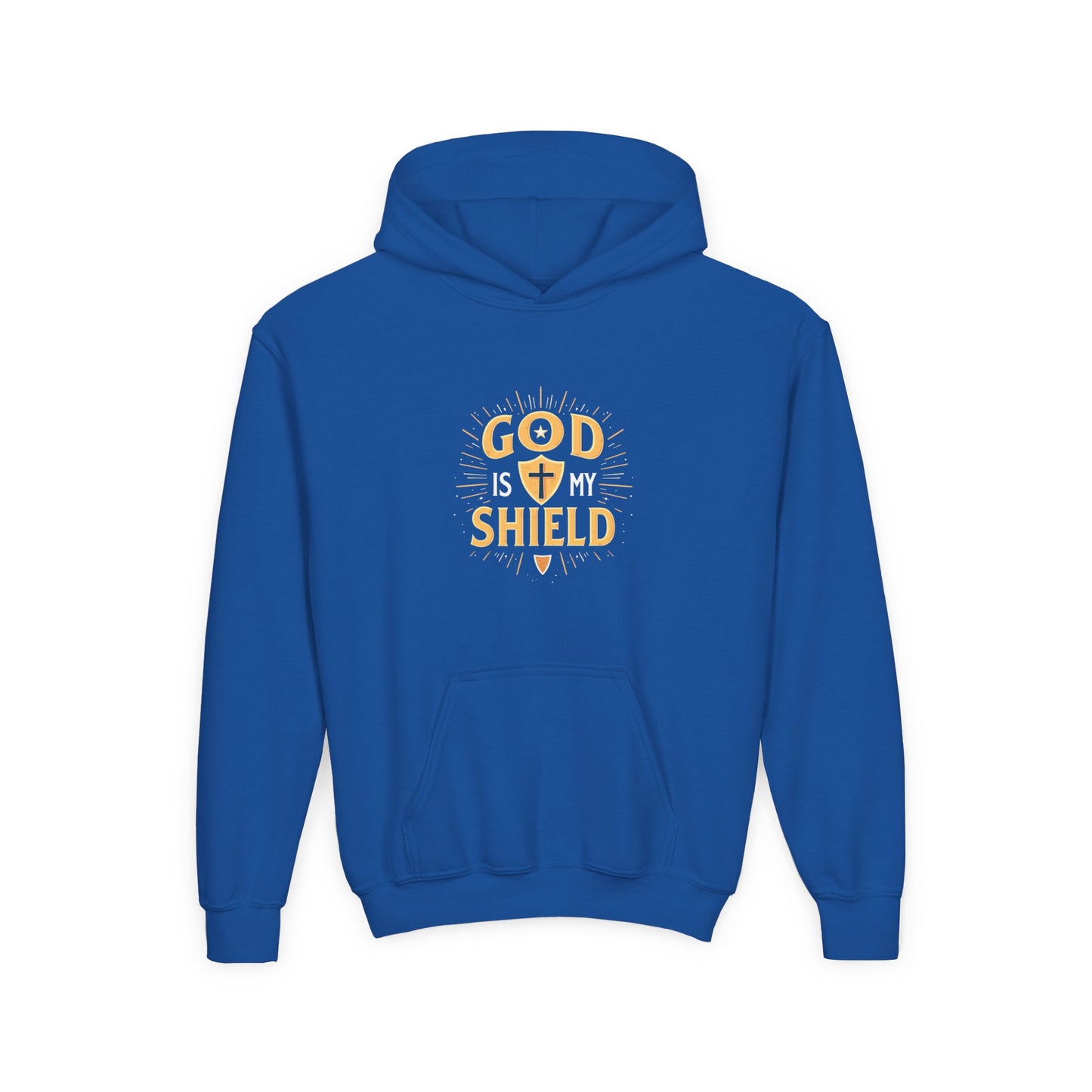 Youth Hoodie — "God Shield" Faith Graphic Pullover