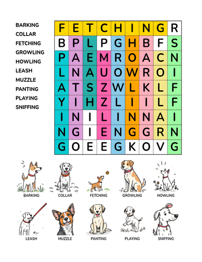 Paws and Puzzles: Dogs Word Search Activity Book | 8.5 X  11 Digital Download