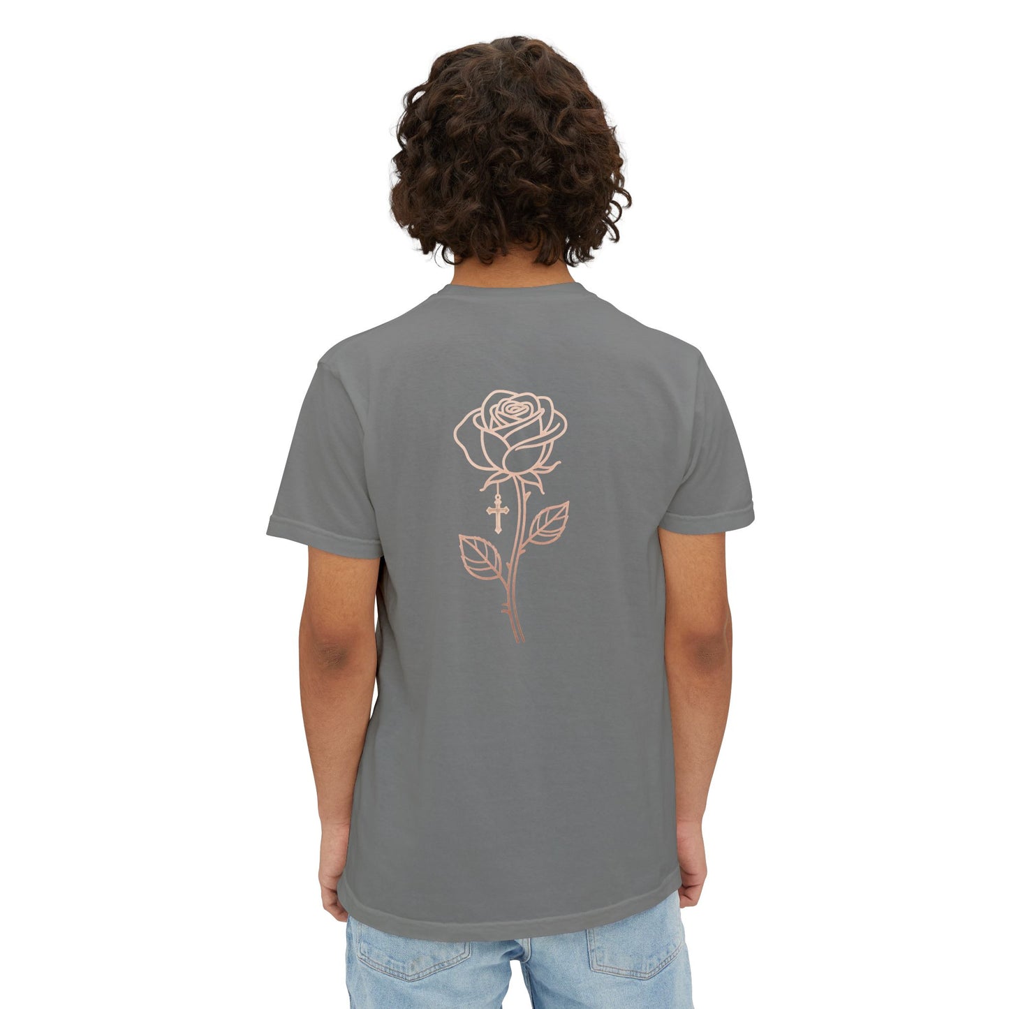 Garment-Dyed Pocket Tee — Rose Line-Art Back Design