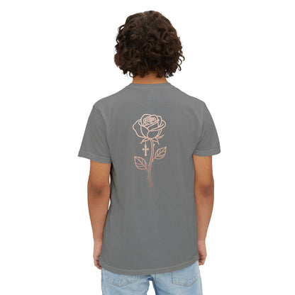 Garment-Dyed Pocket Tee — Rose Line-Art Back Design