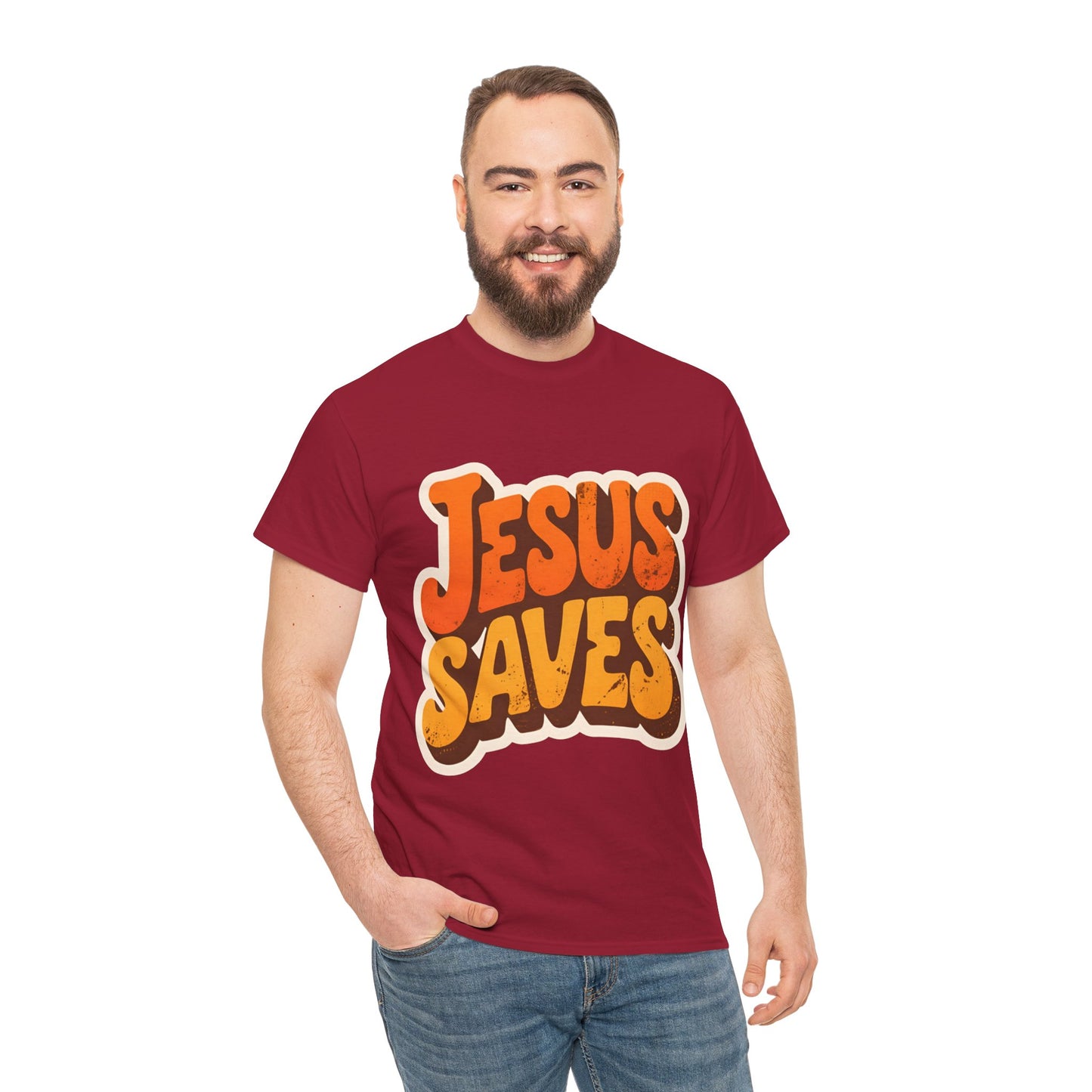 Jesus Saves Retro Tee — Bright Sunset Faith T-Shirt