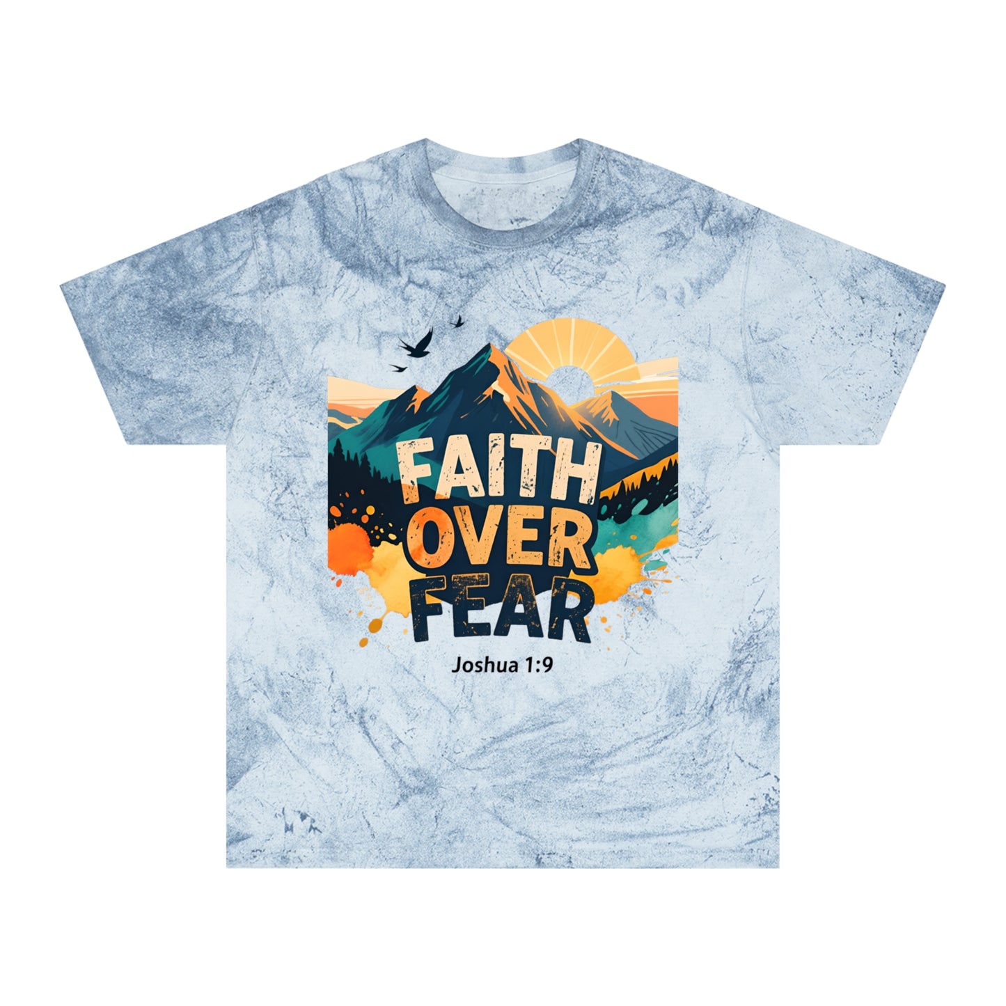 Faith Over Fear Color-Blast T-Shirt — Joshua 1:9 Retro Sunrise