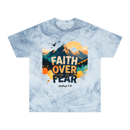 Faith Over Fear Color-Blast T-Shirt — Joshua 1:9 Retro Sunrise