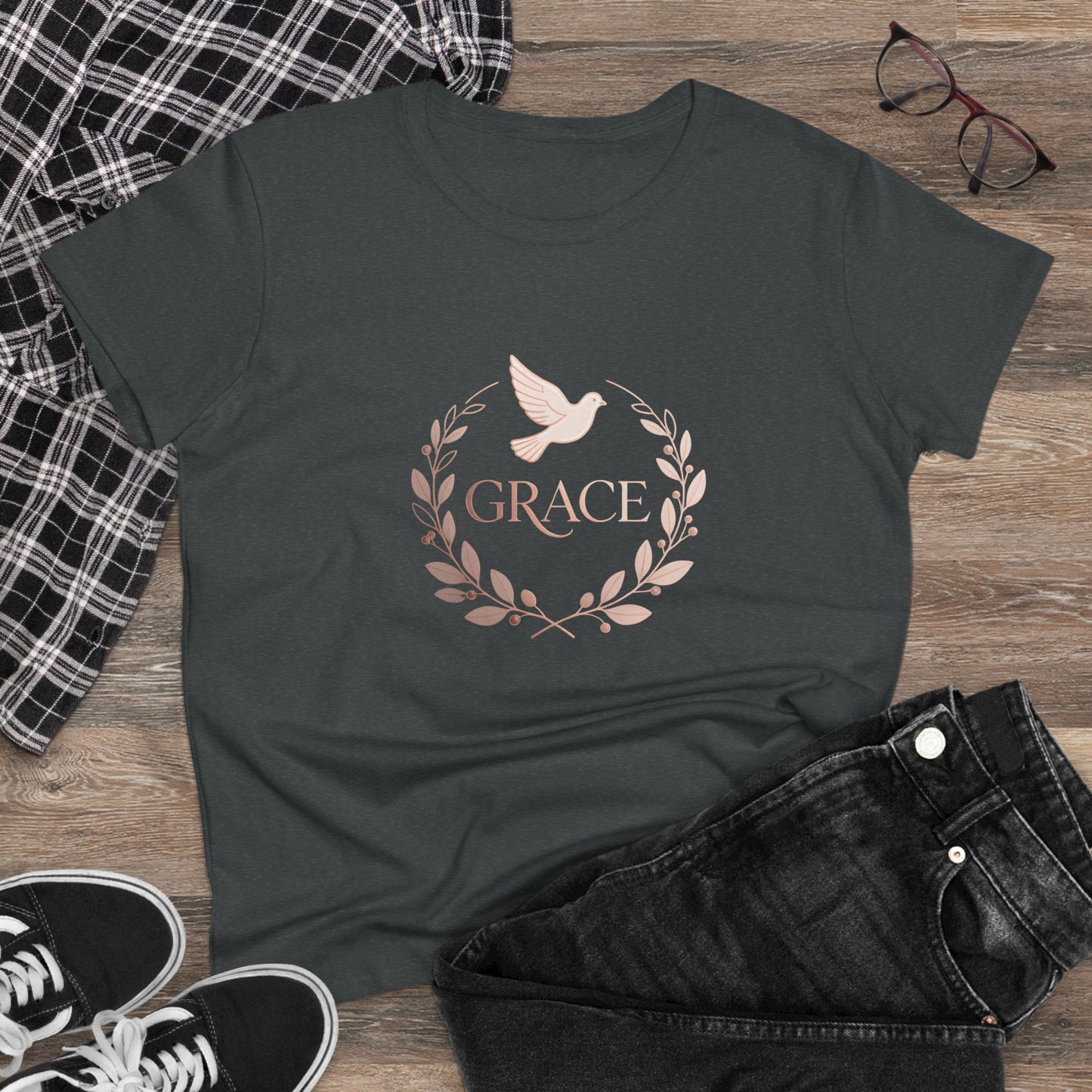 Graceful Dove Wreath Tee — Women's Rose-Gold Reminder Tee