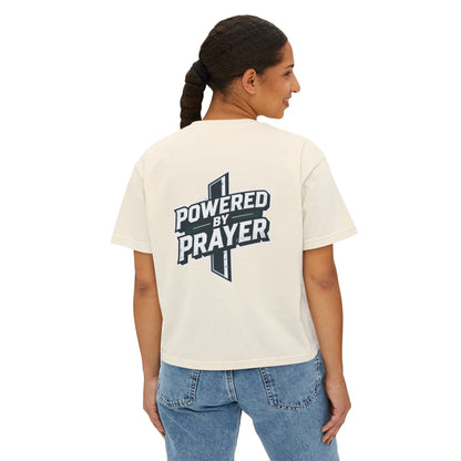 Powered by Prayer Boxy Tee — Women's Christian Graphic Shirt