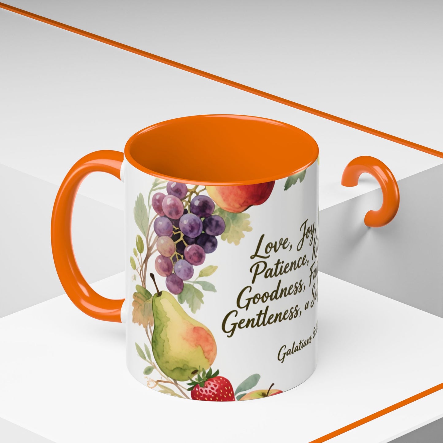 Christian Fruit of the Spirit Accent Coffee Mug — Galatians 5:22-23 Floral Scripture Design (11/15oz)