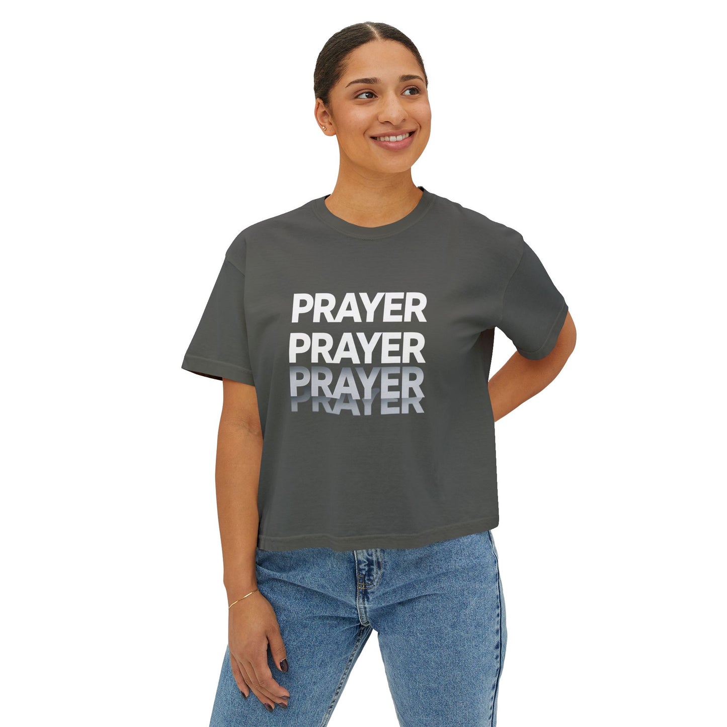 Prayer Boxy Tee — Women's Spiritual Graphic Top (Prayer Repeated Design)